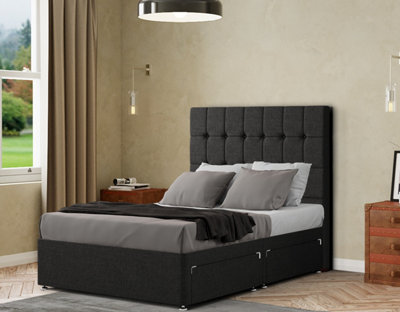 Venezia Divan Bed 2 Drawers Floor Standing Headboard Matching Buttons Linen Black