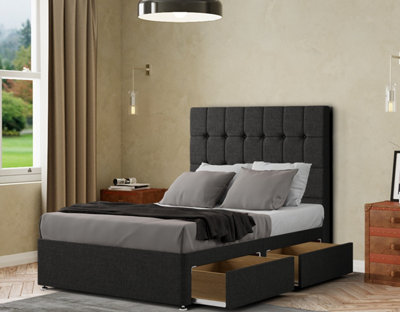 Venezia Divan Bed 2 Drawers Floor Standing Headboard Matching Buttons Linen Black