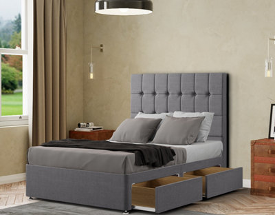 Venezia Divan Bed 2 Drawers Floor Standing Headboard Matching Buttons Linen Grey