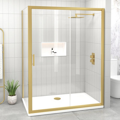 Venice 1000 x 700mm Brushed Brass Sliding Door Shower Enclosure Rectangular with Side Panel 6mm Safety Tempered Glass