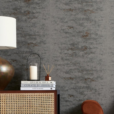 Venice Industrial Metallic Wallpaper In Charcoal And Copper