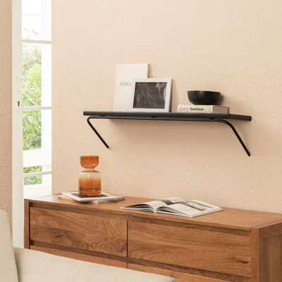 Venice Solid Wood Wall Shelf  Living Bedroom Kitchen Wall Mounted Floating Shelves in Black - Large