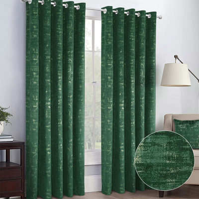 Venice Thermal Lined Eyelet Curtains - Metallic Design Velour Fabric Curtains for Bedroom or Living Room - 165 x 137cm, Green