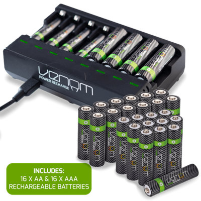 Venom Rechargeable Batteries & Charging Dock - Includes 16 x AA 2100mAh + 16 x AAA 800mAh Batteries