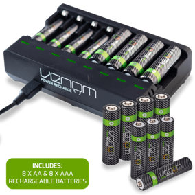 Venom Rechargeable Batteries & Charging Dock - Includes 8 x AA 2100mAh + 8 x AAA 800mAh Batteries