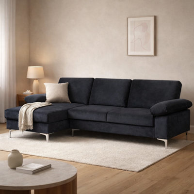 Venossa L Shaped Corner Sofa with Chaise Lounge a 4 Seater Modern Jumbo Cord Sofa, Deep Seat Comfort, Plush Cushions & Chrome Legs