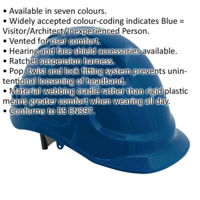 Vented Safety Helmet - Material Webbing Cradle - Accessories Available - Blue