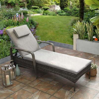 Ventura Rattan Sun Lounger with Adjustable Recline Padded Cushion - Grey