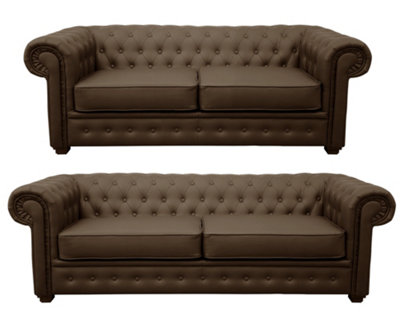 Venus Chesterfield Style Sofa 3 Seater 2 Seater Brown Faux Leather