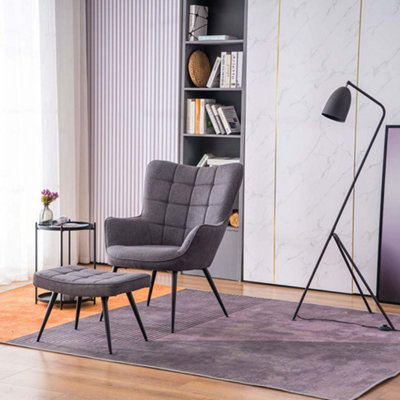 Vera Fabric Occasional Living Room Bedroom Modern Metal Legs Accent Chair Armchair Charcoal w Footstool