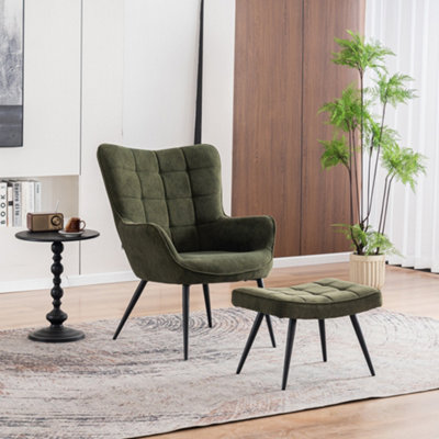 VERA OCCASIONAL ARMCHAIR LIVING ROOM BEDROOM MODERN VELVET ACCENT CHAIR (Green w Footstool)