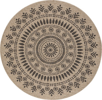VERA Round In- & Outdoor Cottage Jute-Look Beige/Black Area Rug 100 x 100 cm