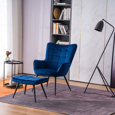 Vera Velvet Occasional Living Room Bedroom Modern Metal Legs Accent Chair Armchair (Blue w Footstool)