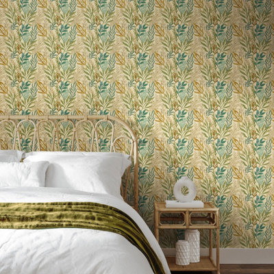 Verdant Leaves - Vintage Ochre 10m Wallpaper