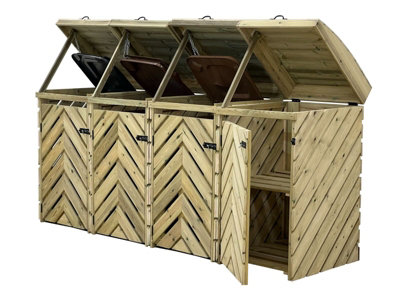 VerdiBin wheelie bin storage unit, Quadruple, with recycling shelf