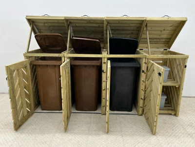 VerdiBin wheelie bin storage unit, Quadruple, with recycling shelf