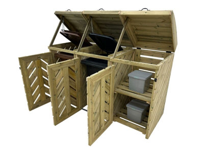 VerdiBin wheelie bin storage unit, Triple, with recycling shelf