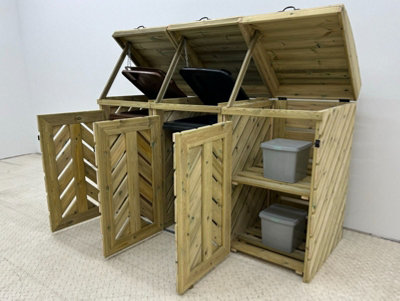 VerdiBin wheelie bin storage unit, Triple, with recycling shelf
