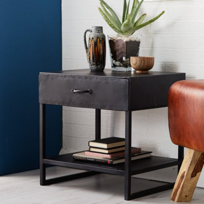 Verna Dark Metal Industrial 1 Drawer End/Side Lamp Table