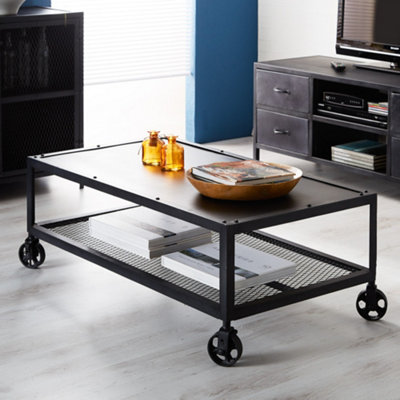 Verna Industrial Wheel Base Bottom Shelf Dark Metal Coffee Table