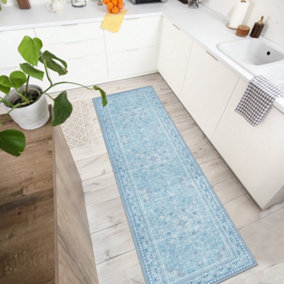 Vernal Adora Machine Washable Runner for Living Room, Bedroom, Dining Room, Pacific Blue, Sea Blue & White, 60 cm X 150 cm
