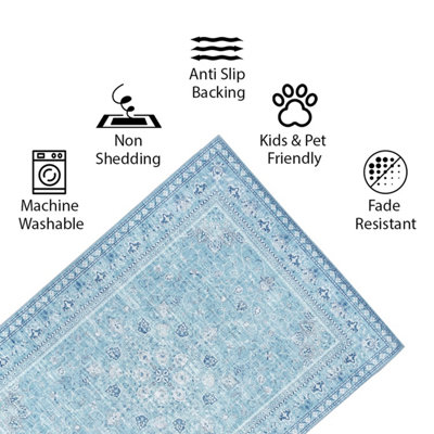 Vernal Adora Machine Washable Runner for Living Room, Bedroom, Dining Room, Pacific Blue, Sea Blue & White, 60 cm X 150 cm