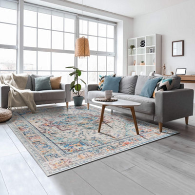 Vernal Atticus Aqua Blue, Regal Purple, and Cream Machine Washable Rug ...