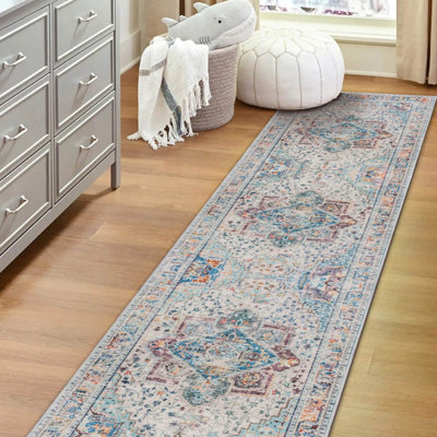 Vernal Atticus Aqua Blue, Regal Purple, and Cream Machine Washable Runner - For Living Room, Dining Room, Bedroom, 76 cm x 243 cm