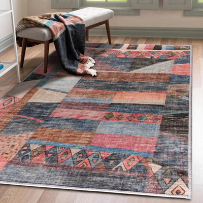 Vernal Colaj Blue, Pink, and Beige Machine Washable Rug - For Living Room, Dining Room, Bedroom, Kitchens, 120 cm x 180 cm