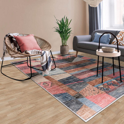 Vernal Colaj Blue, Pink, and Beige Machine Washable Rug - For Living Room, Dining Room, Bedroom, Kitchens, 152 cm x 213 cm