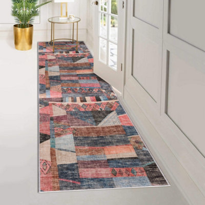 Vernal Colaj Blue, Pink, and Beige Machine Washable Runner - For Living Room, Dining Room, Bedroom, Kitchens, 76 cm x 243 cm