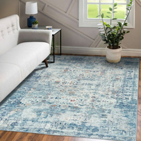 Vernal Edgar Machine Washable Rug for Living Room, Bedroom, Dining Room, Stone Blue, Beige & Orange, 120 cm X 180 cm