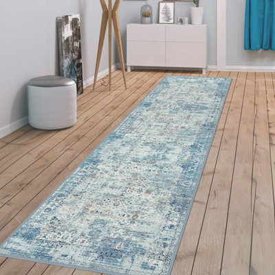 Vernal Edgar Machine Washable Rug for Living Room, Bedroom, Dining Room, Stone Blue, Beige & Orange, 76 cm X 243 cm