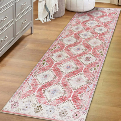 Vernal Fresno Machine Washable Runner Rug, Pink/Beige , 76 cm x 243 cm