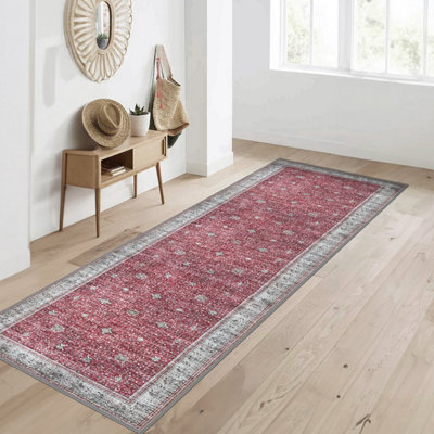 Vernal Inge Machine Washable Rug for Living Room, Bedroom, Dining Room, Rust & Beige, 76 cm X 243 cm