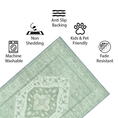 Vernal Kinsey Machine Washable Rug for Living Room, Bedroom, Dining Room, Sage Green, 76 cm X 243 cm