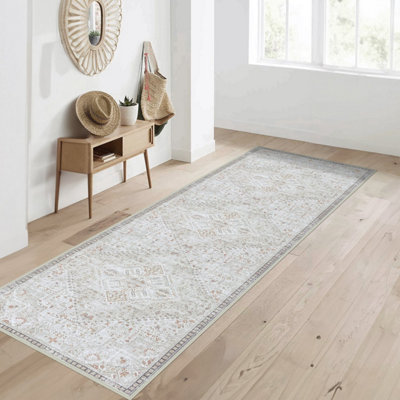 Vernal Liam Machine Washable Rug for Living Room, Bedroom, Dining Room, Beige, Grey & Copper, 76 cm X 243 cm