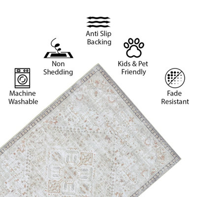 Vernal Liam Machine Washable Rug for Living Room, Bedroom, Dining Room, Beige, Grey & Copper, 76 cm X 243 cm