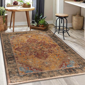 Vernal Milagros Ochre, Walnut Brown, and Rust Machine Washable Rug - For Living Room, Dining Room, Bedroom,  152 cm x 213 cm