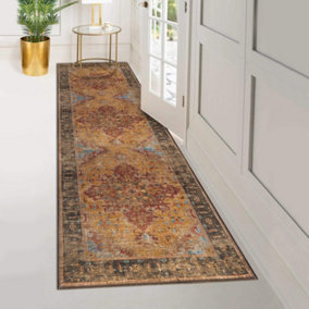 Vernal Milagros Ochre, Walnut Brown, and Rust Machine Washable Runner - For Living Room, Dining Room, Bedroom, 76 cm x 243 cm