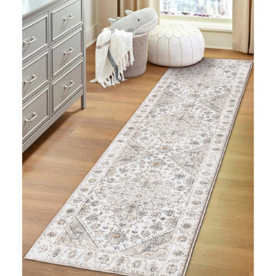 Vernal Milagros Persian Machine Washable Runner Rug, Grey/White , 76 cm x 243 cm