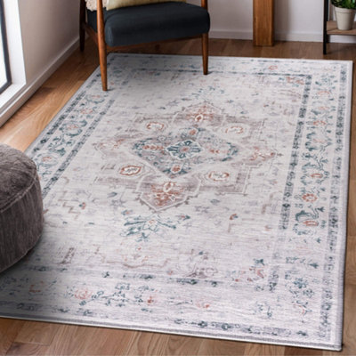 Vernal Peoria Grey, Blue and Rust Machine Washable Rug , 120 cm x 180 ...