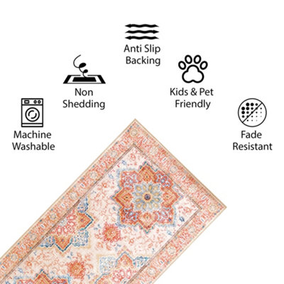 Vernal Peoria Persian Machine Washable Runner Rug, Orange/Blue