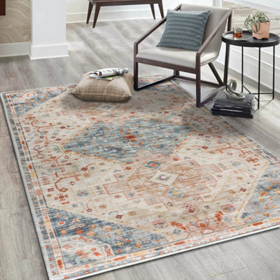 Vernal Saasil Stone Blue, Beige, and Rust Machine Washable Rug - For Living Room, Dining Room, Bedroom, Kitchens, 152 cm x 213 cm