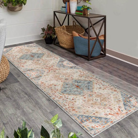 Vernal Saasil Stone Blue, Beige, and Rust Machine Washable Runner - For Living Room, Dining Room, Bedroom, 76 cm x 243 cm