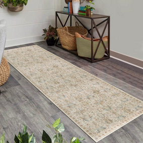 Vernal Sasae Beige, Stone Blue, and Green Machine Washable Runner - For Living Room, Dining Room, Bedroom, 76 cm x 243 cm