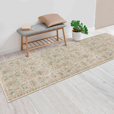 Vernal Sasae Beige, Stone Blue, and Green Machine Washable Runner - For Living Room, Dining Room, Bedroom, 76 cm x 243 cm