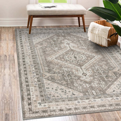 Vernal Senglea Beige Machine Washable Rug - For Living Room, Dining Room, Bedroom, Kitchens, 90 cm x 150 cm