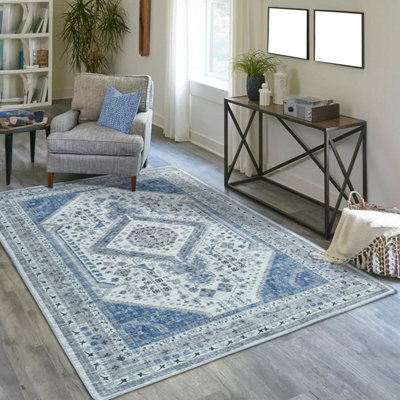 Vernal Senglea Machine Washable Rug for Living Room, Bedroom, Dining Room, Blue, Grey & Cream, 120 cm X 180 cm