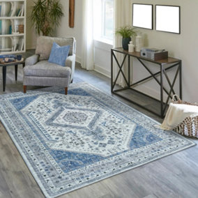 Vernal Senglea Machine Washable Rug for Living Room, Bedroom, Dining Room, Blue, Grey & Cream, 152 cm X 213 cm